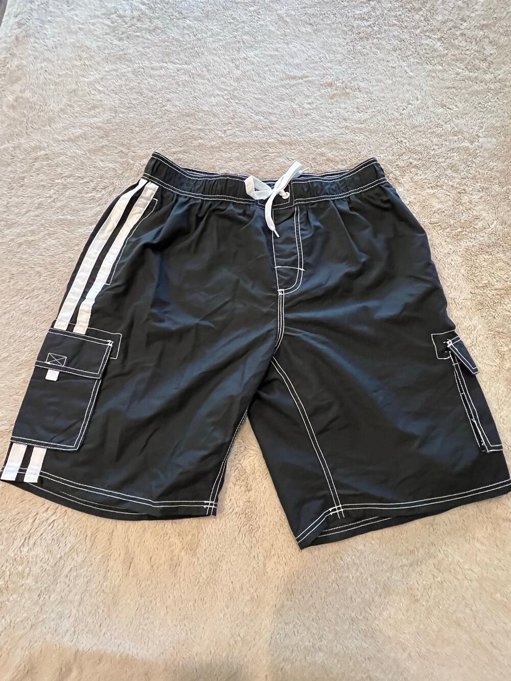 Kanu Surf Men’s XL Black Cargo Board Shorts Swim Trunks White Stripe Drawstring